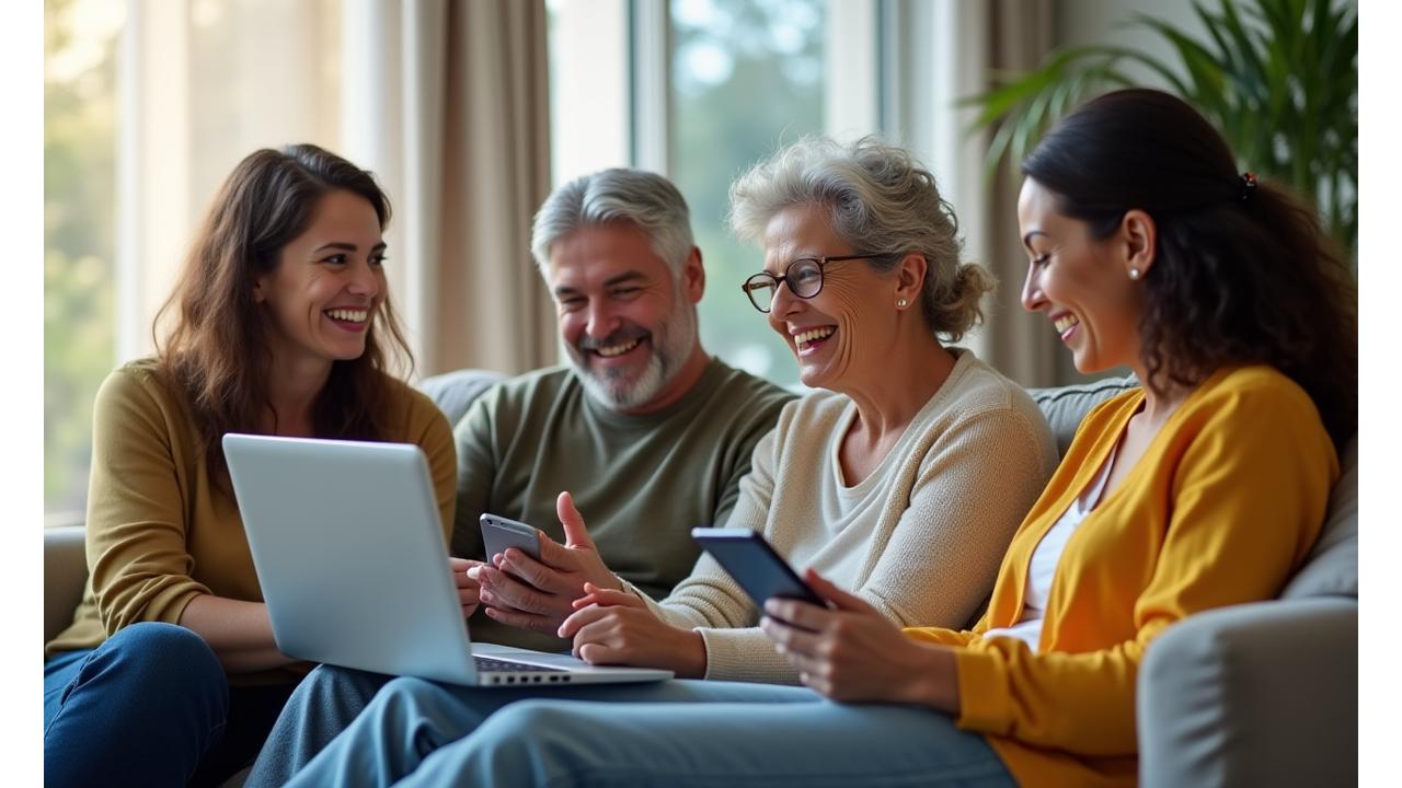Diverse group of adults smiling, interacting, and engaged in a supportive online community discussion on their devices, bathed in warm, inviting light.