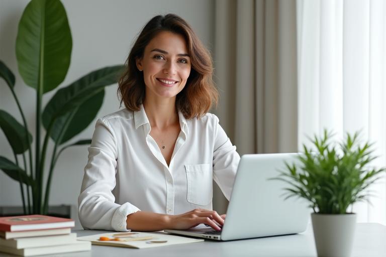 A wellness expert, Dr. Lena Hansen, confidently answering questions in a moderated forum setting on a laptop, surrounded by educational materials.