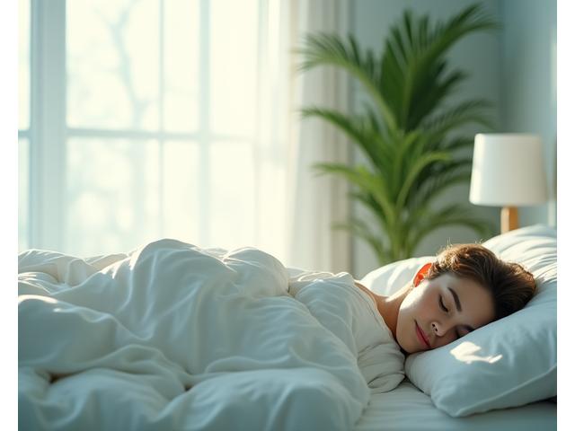 Someone sleeping peacefully in a comfortable bed near a window, symbolizing sleep optimization.