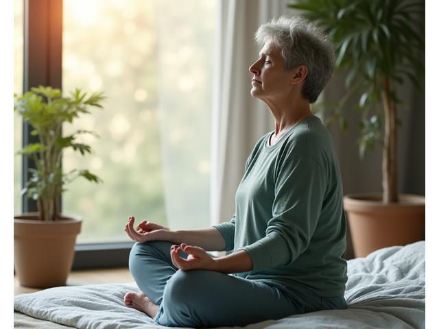 A person practicing mindfulness or meditation in a peaceful setting, representing stress management.